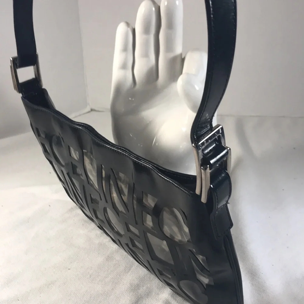 Vintage Celine Translucent Black Patent Leather Laser Cut Out Logo Shoulder Bag